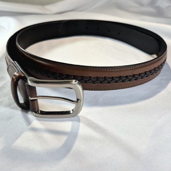Other - Men's Leather Western Style Belt Brown Black Stitching Silver Buckle Size 42